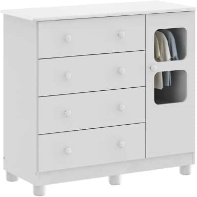 Cômoda de Bebê 1 Porta 4 Gavetas Uli Móveis Peroba Branco Brilho