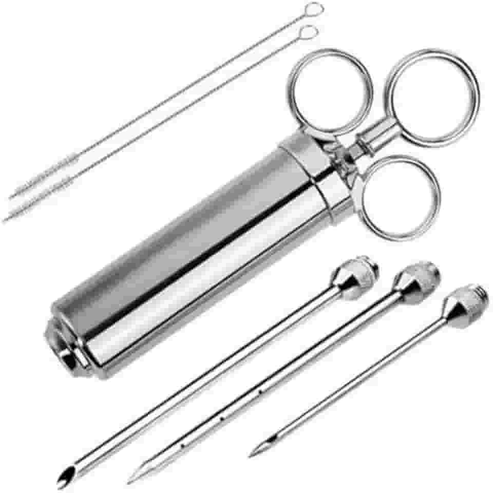 Seringa Injetora de Temperos em Aço Inox para Carnes e Frangos | Injeção de Molhos, Marinadas e Temperos Líquidos ou Sólidos | Uso Profissional e Doméstico | Ideal para Frangos, Carnes e Churrasco