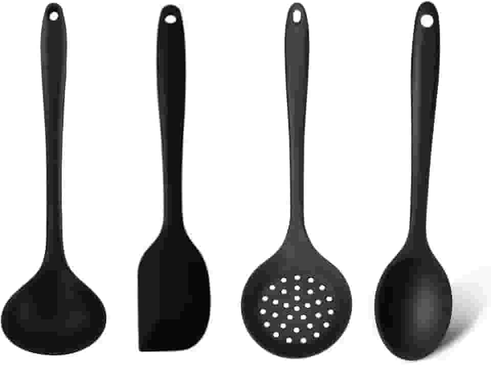 Kit Utensílios de Silicone Premium Completo - Colher de Arroz, Concha, Escumadeira e Espátula Pão Duro (Preto)