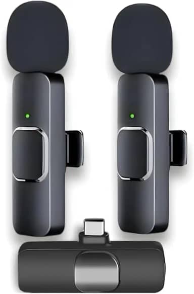 Kit Microfone Lapela Sem Fio Duplo USB-C – Redução de Ruído, Bateria 5h, Alcance 20m – Compatível com iPhone 15/16 e Android – Ideal para Vídeo, Entrevista, Vlog