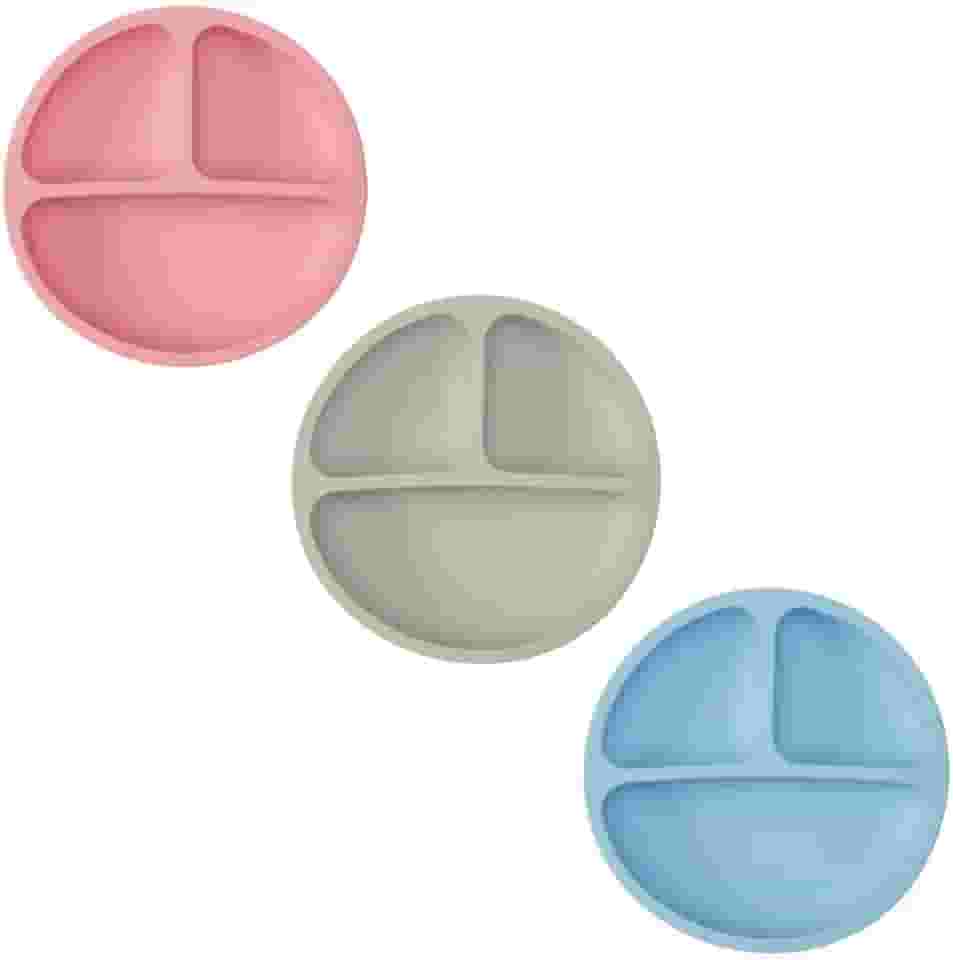 Prato de Silicone Infantil Para Bebês Criança Alimentação Com Divisórias Ventosa Antiderrapantes e 3 Repartições (Rosa)