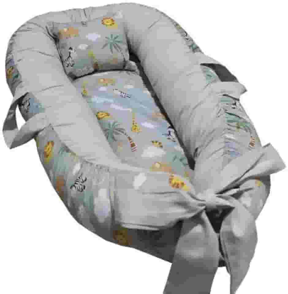 Ninho Redutor de Berço e Cama em Percal 200 Fios com Travesseiro para Bebê Recém-Nascido (SAFARI CINZA)