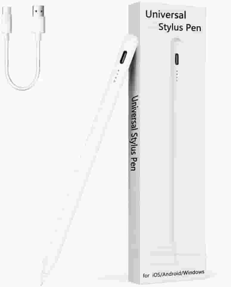 Caneta Stylus Recarregável Premium Para iPad Tablet Touch, Celular, Notebooks, Ponta Fina 1.5mm, Compatível com iOS, Android e Windows, USB, Alta Precisão, Branco