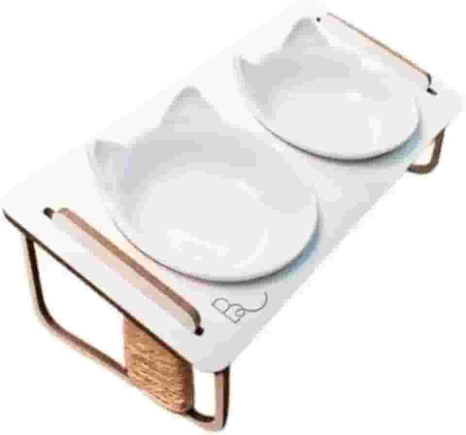 Comedouro duplo inclinado elevado para Gatos em MDF e Porcelana (Branco)