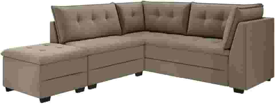 Sofá de Canto com Puff Monte do Seu Jeito Benfica Veludo Capuccino Luizzi