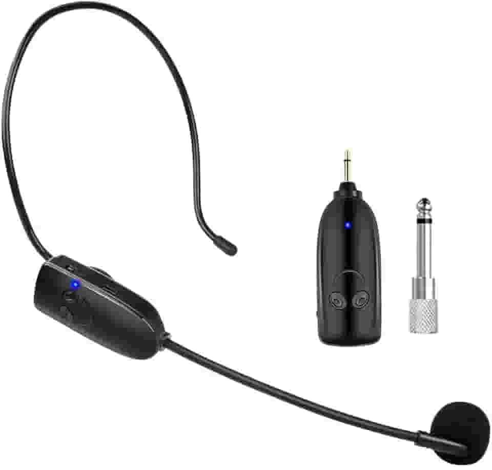 Microfone sem fio, montado na cabeça e portátil 2 em 1, alcance efetivo de 50 metros, adequado para amplificadores, professores, fitness, igrejas, discursos