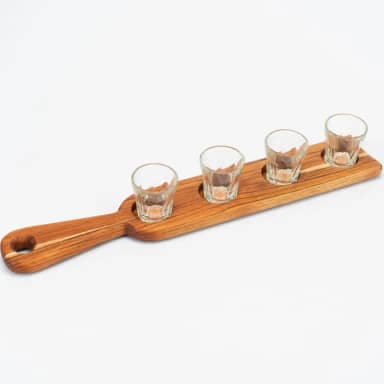 Kit 4 Copos Tequila Shot Cachaça Suporte Madeira Decorativo
