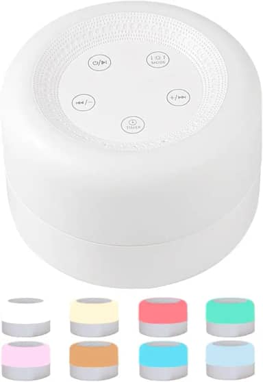 Máquina De Som De Ruído Branco Com Luz Noturna - 12 Sons suaves, 8 Cores LED, Recarregável, 4 temporizadores e funçao de memória - Ideal para Bebês, Adultos e Meditação