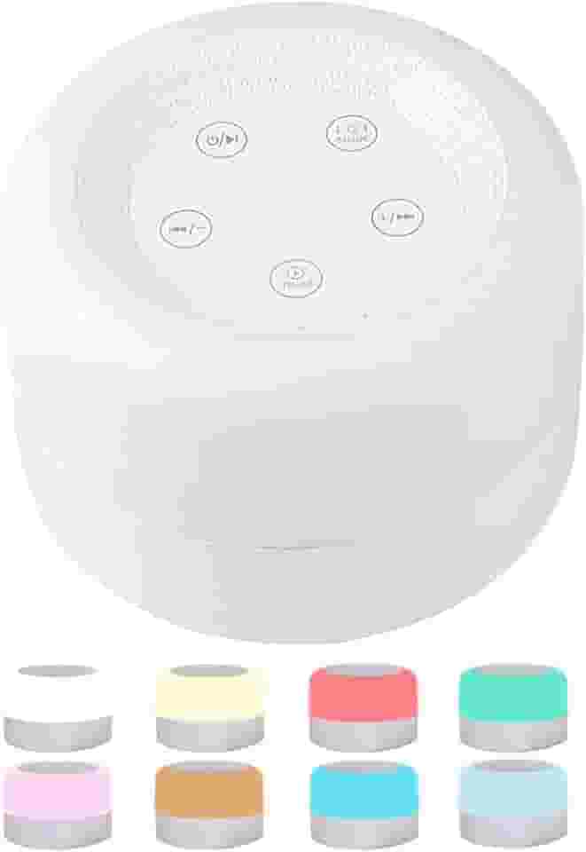 Máquina De Som De Ruído Branco Com Luz Noturna - 12 Sons suaves, 8 Cores LED, Recarregável, 4 temporizadores e funçao de memória - Ideal para Bebês, Adultos e Meditação