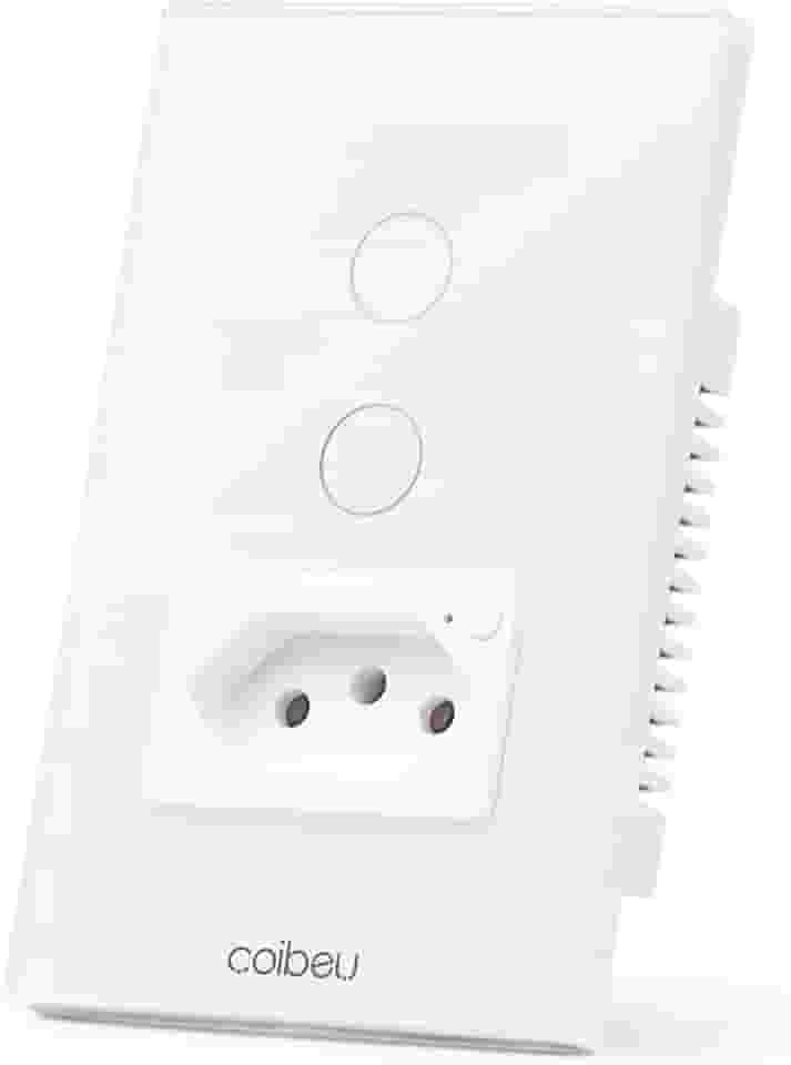 Interruptor Inteligente WiFi com Tomada, Interruptor Smart Sem Fio Doméstico Multifuncional, Controle Remoto de Eletrodomésticos Por Celulares, Branco, 2 Botao, com neutro