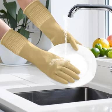 Luvas de borracha para limpeza com punhos longos, impermeáveis para lavar louça, luvas domésticas com aderência para cozinha e banheiro (marrom, G)