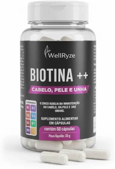 WellRyze Cabelo, Pele e Unhas - Biotina, Complexo B, Zinco e Selênio - Suplemento Alimentar com Vitaminas A, C e E - Vitaminas Sem Glúten - Complexo de Beleza Suplemento para Crescimento Capilar - 60 Cápsulas
