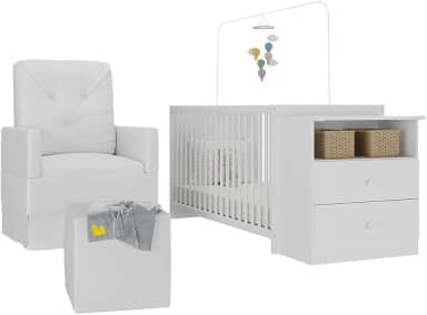 Berço Cômoda com Poltrona de Amamentação e Puff Meu Bebê Multimóveis Mp4084 Branco
