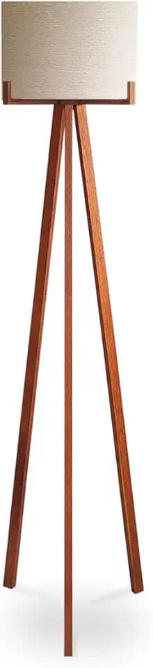 Luminária Abajur de Chão Tripé Coluna com Cúpula de Tecido Linho Branco