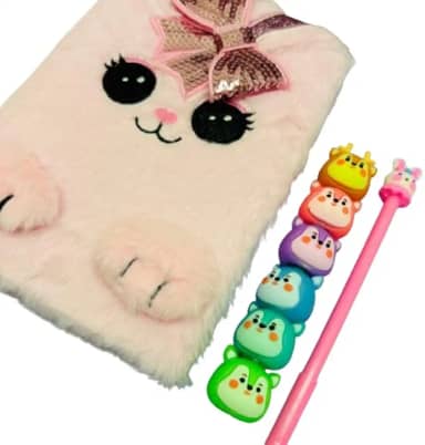 Kit de Papelaria Kawaii com Caderno de Pelúcia, Marca-Texto de Bichinhos e Caneta Fofa - Modelos e Cores Sortidas, Presente para Meninas, adolescentes, Mulheres, Dia das Crianças, Aniversário, Natal