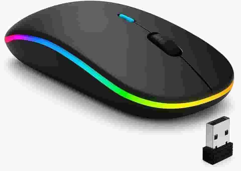 Mouse Sem Fio Recarregável com LED RGB Colorido, Bluetooth + USB 2.4GHz, Design Ergonômico Óptico – Para Notebook, PC e Desktop – Linha Premium