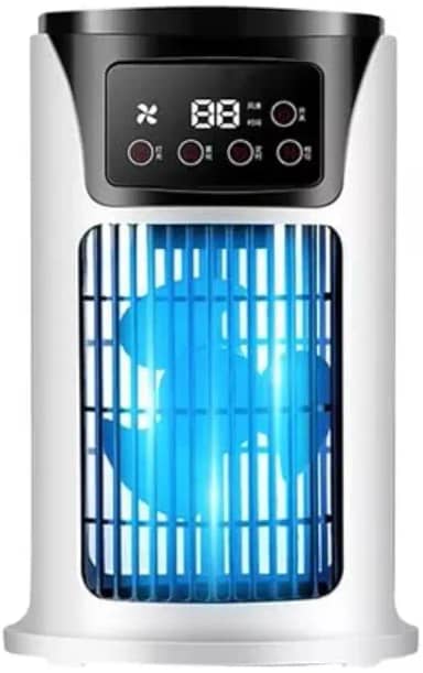 Mini Ar Condicionado Portátil com Ventilador multiuso, Umidificador de 300 ml, luz LED, USB e bivolt. Ideal para resfriar pequenos ambientes, oferecendo praticidade e conforto em qualquer lugar.