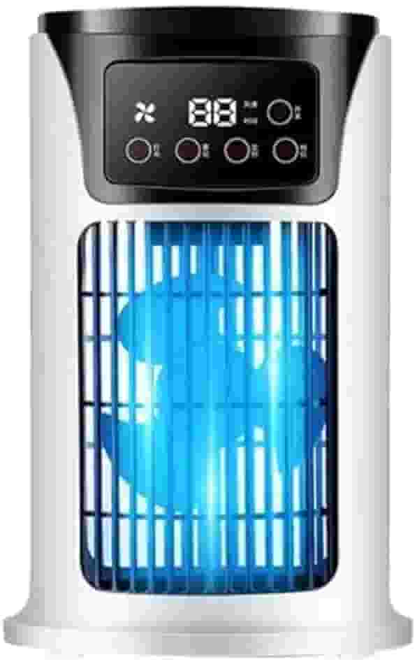 Mini Ar Condicionado Portátil com Ventilador multiuso, Umidificador de 300 ml, luz LED, USB e bivolt. Ideal para resfriar pequenos ambientes, oferecendo praticidade e conforto em qualquer lugar.