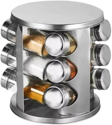 Porta Temperos Giratório 12 Potes Vidro com Tampa Inox – Elegante, Compacto e Prático para Organização da Cozinha - Premium