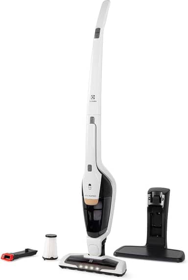 Aspirador de Pó vertical bateria Ergorapido 2 em 1 Electrolux 38 min base recarregamento luz frontal LED pedal limpeza facil da escova rotativa aspira escova capacidade 420Ml ERG25B Bivolt branco