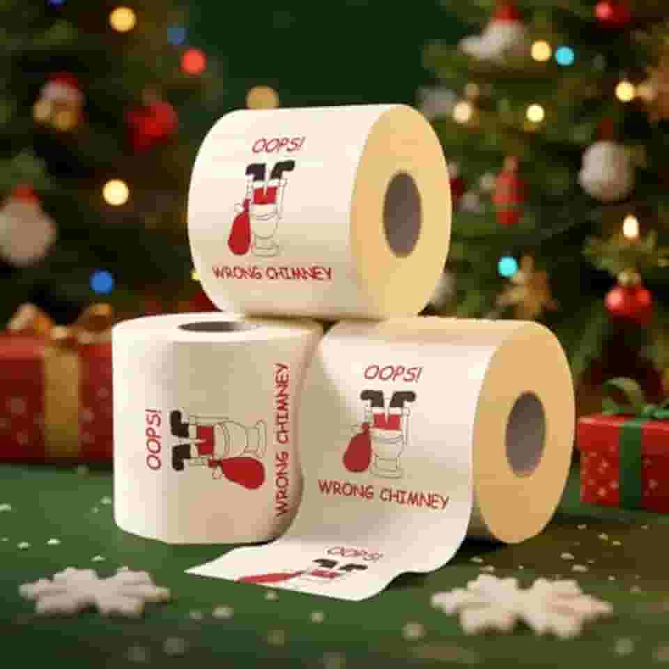 1 rolo de papel higiênico de Natal, Papai Noel engraçado e chaminé errada, papel higiênico impresso, suprimentos de rolo de papel higiênico para decoração de banho de Natal, decoração de banheiro
