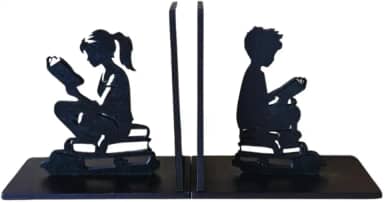 Suporte Aparador de lIvros Decorativo Menina e Menina Organizador Bibliocanto Madeira Preta Geek Porta Livros