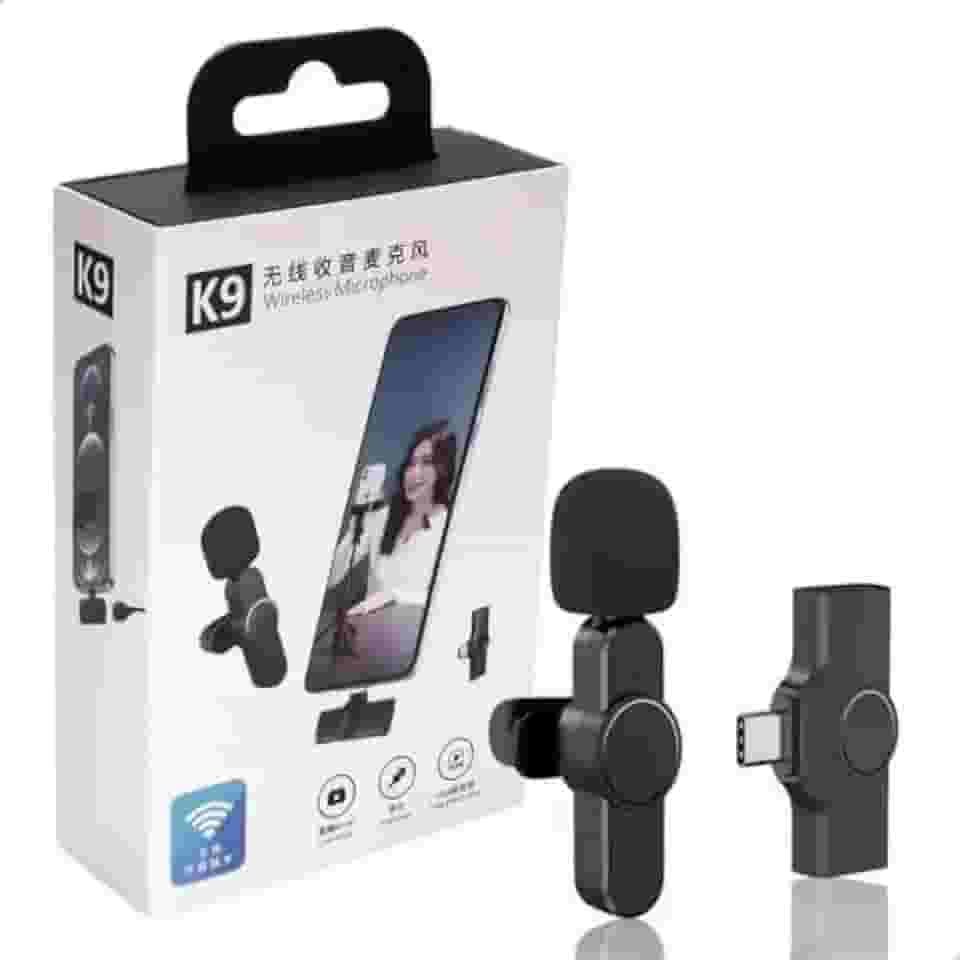 Microfone K9 Sem Fio, Compatível com IOS, com Espuma Protetora, Preto