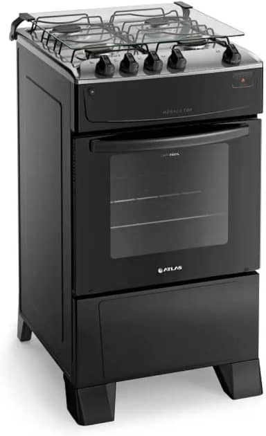 Fogão 4 Bocas Preto com Mesa Inox Atlas Mônaco Top Bivolt