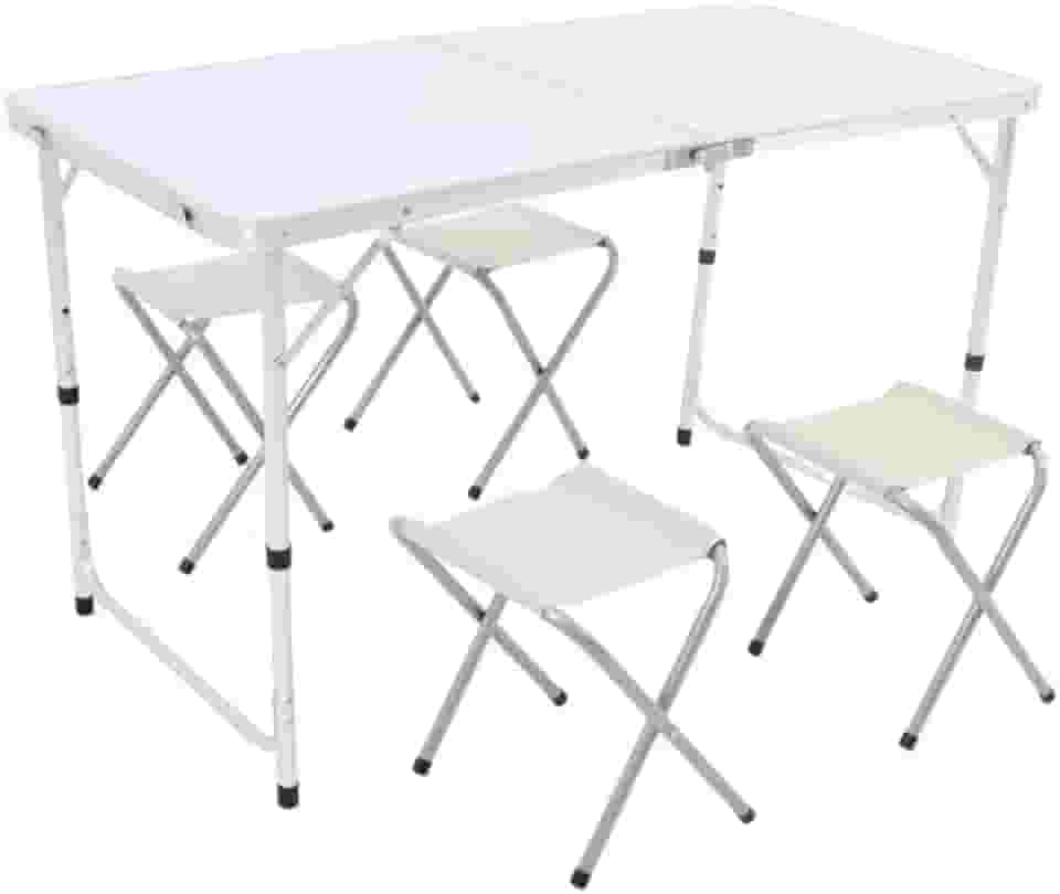 Kit Mesa Dobrável Portatil Que Vira Maleta Camping Praia Churrasco 120x60cm Com 4 Bancos Banquinhos