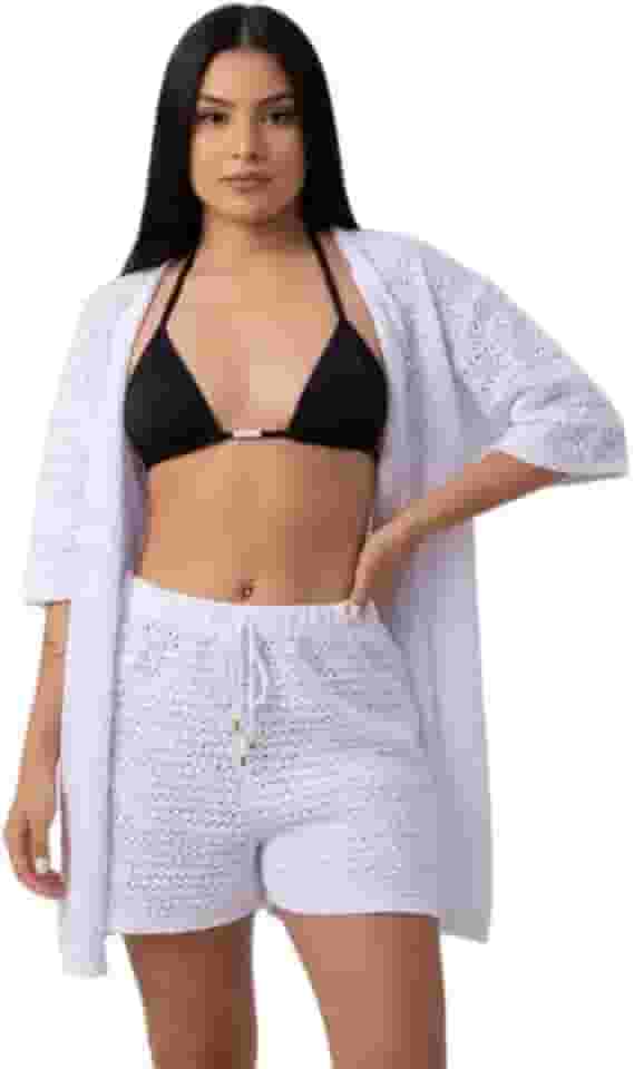 Conjunto de Camisa e Short Saída de Praia Tricot Algodão Verão Crochê