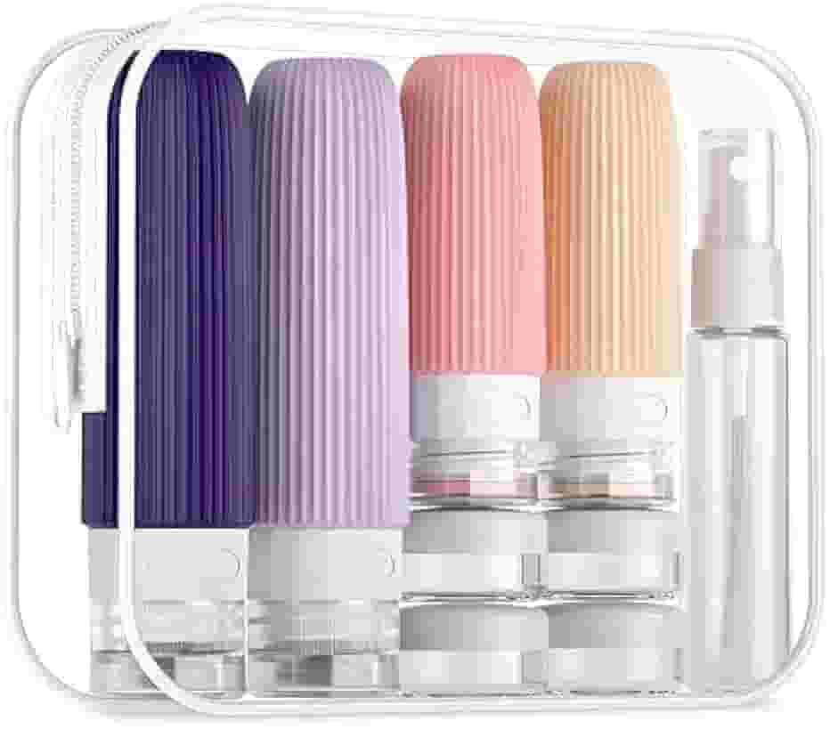 Kit 16 Frascos de Viagem – Recipientes Recarregáveis de Silicone Antivazamento para Shampoo, Condicionador, Licores e Artigos de Higiene Pessoal – Compacto e Portátil (TONS DE ROSA E ROXO)