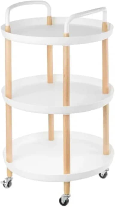 Mesa de Centro, Lateral ou de Canto com Rodinhas – 3 Prateleiras, Moderna, Multiuso e Versátil (Branco/Redondo)