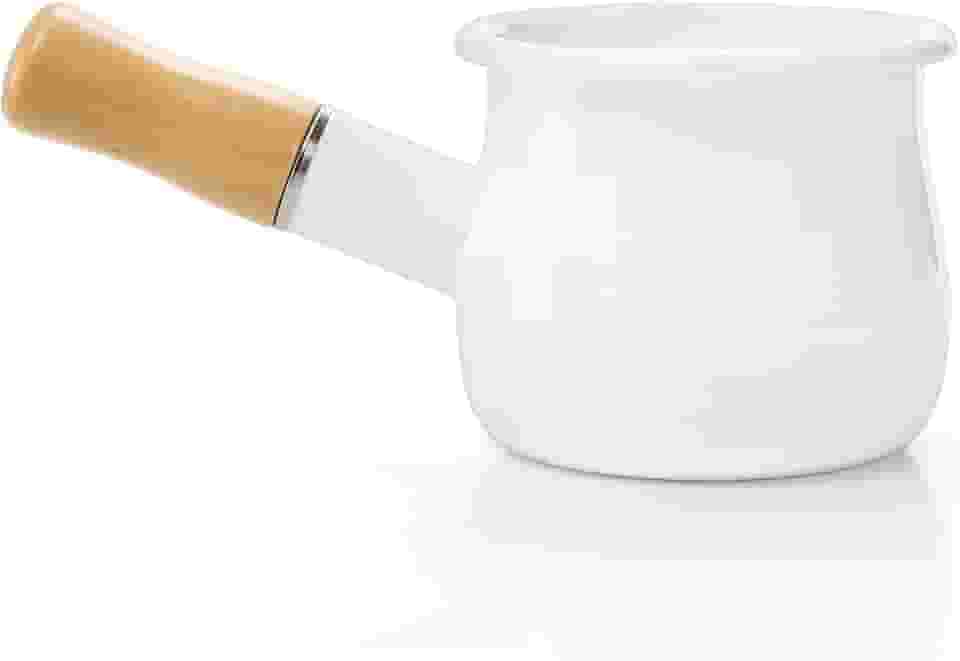 DEAYOU Panela de leite esmaltada, mini panela para aquecer manteiga de 0,6 litros com cabo de madeira isolado e bico duplo, panela de sopa pequena antiaderente para fogão, casa, cozinha, cozinhar,