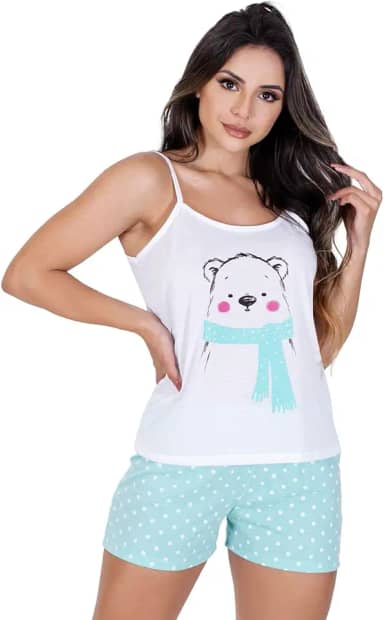 Baby Dool com estampa de malha Short Alça Confortável Pijaminha Pijama Calor Verão