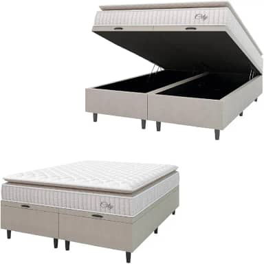 Cama Box Colchão Baú Casal King Molas Ensacadas City Pillow Top 193x203x64cm Hellen - Suporta até 110kg por Pessoa (Bege/Branco)