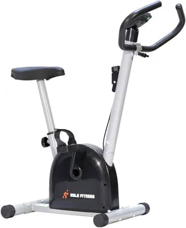 Bicicleta Ergométrica Vertical, Compacta, Assento Ajustável, Monitor de Velocidade, Preta e Prata.