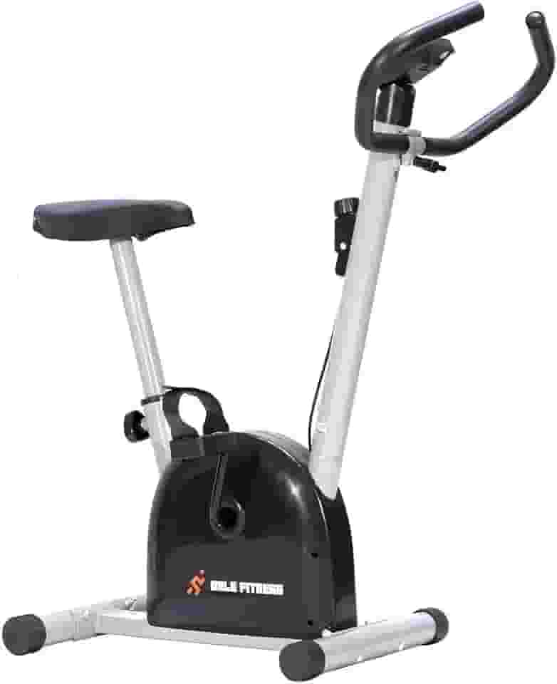 Bicicleta Ergométrica Vertical, Compacta, Assento Ajustável, Monitor de Velocidade, Preta e Prata.