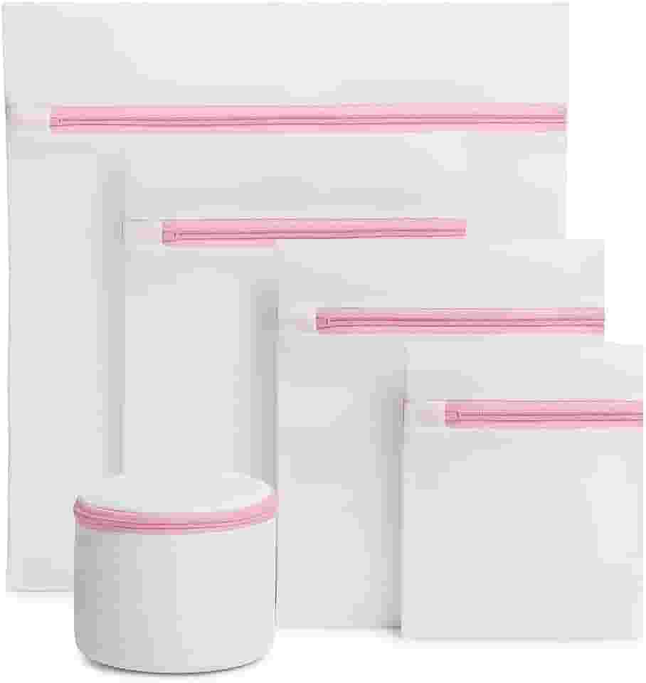 Kit 5 Sacos de Lavar Roupas Delicadas Máquina de Lavar Roupa com Cestinho Cinco Tamanhos Diferentes Proteção para Lingeries Peças Finas Fechamento com Zíper Organizador e Protetor