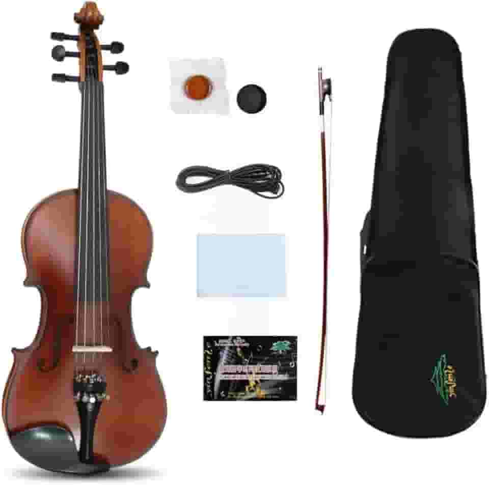 Violino acústico elétrico de 5 cordas tamanho 4/4, kit de violino feito à mão com estojo e arco (cor marrom)