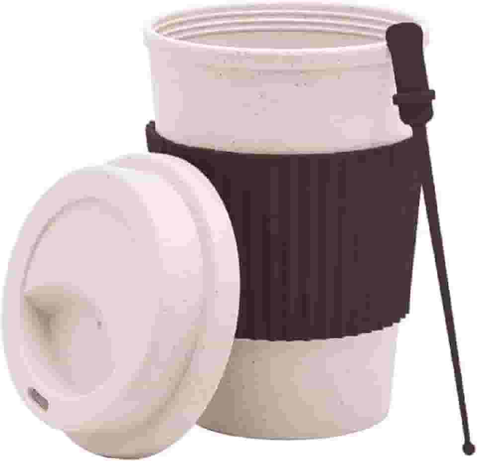 Kit 2 Copos de Café de Bambu Reutilizável Cores Sortidas Térmico com Tampa, Proteção Ondulada, Inclui Mexedor