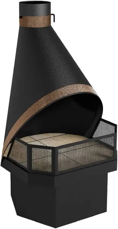 Lareira Suíça Metávila 694T – Aço Carbono, Acabamento Eletrostático Preto e Craquelado Dourado, Aquecimento Até 40 m³, Design Versátil para Canto ou Parede