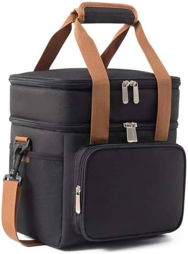 Bolsa Térmica Grande Espaçosa Dois Compartimentos Lancheira Para Marmita, Passeio, Escola, Faculdade, Trabalho Lancheira Térmica Com Alça, PREMIUM (Preto com Marrom)