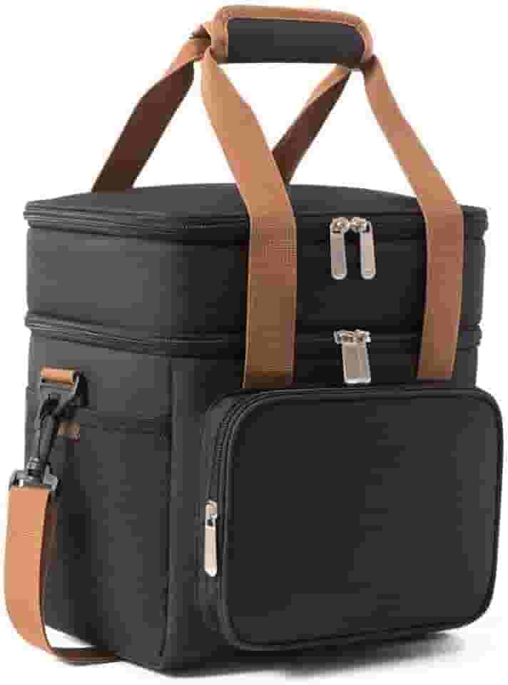 Bolsa Térmica Grande Espaçosa Dois Compartimentos Lancheira Para Marmita, Passeio, Escola, Faculdade, Trabalho Lancheira Térmica Com Alça, PREMIUM (Preto com Marrom)
