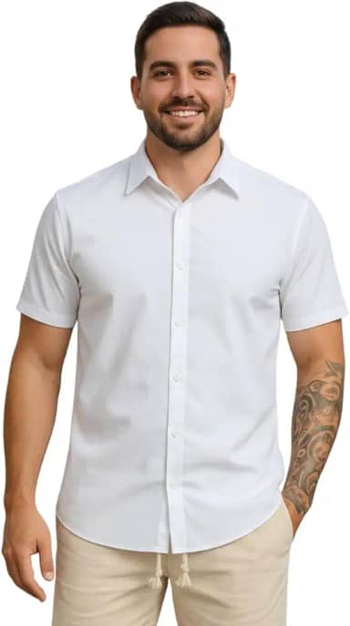 Camisa Masculina Gola Italiana Manga Curta Leve Elegante para Trabalho e Passeios, Tecido Fresco Passa Facil