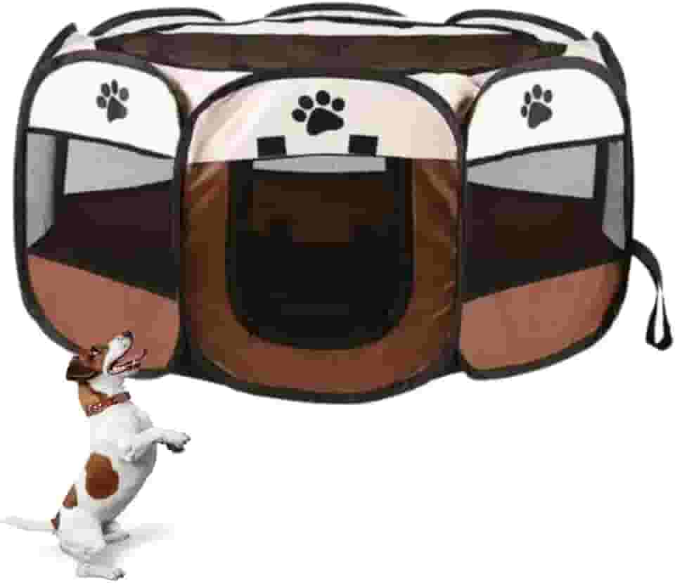 Tenda Cercado Dobrável para Pet – Portátil, com Tela Anti-mosquito, Zíper Superior e Porta Enrolável | Fácil de Montar e Transportar | Impermeável | Casinha Pet | Cercadinho | Cachorro Gato (Marrom)