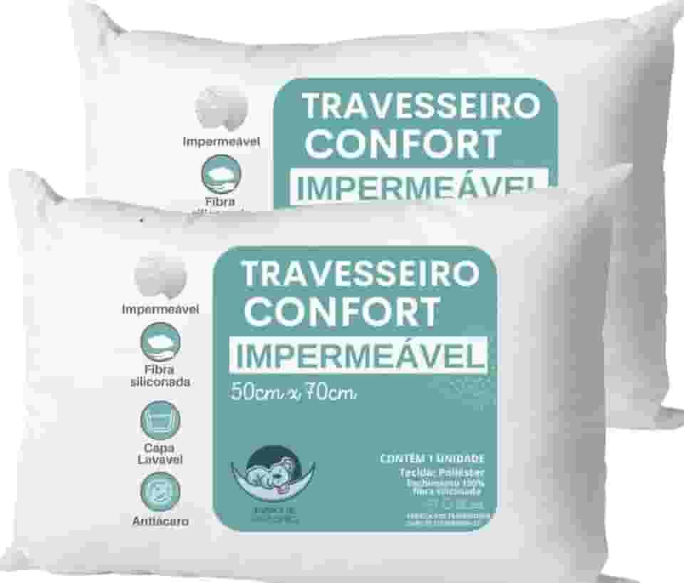 Travesseiro Confort Antialérgico, 50x70 cm, Kit 2 Unidades, Impermeável, Super Macio
