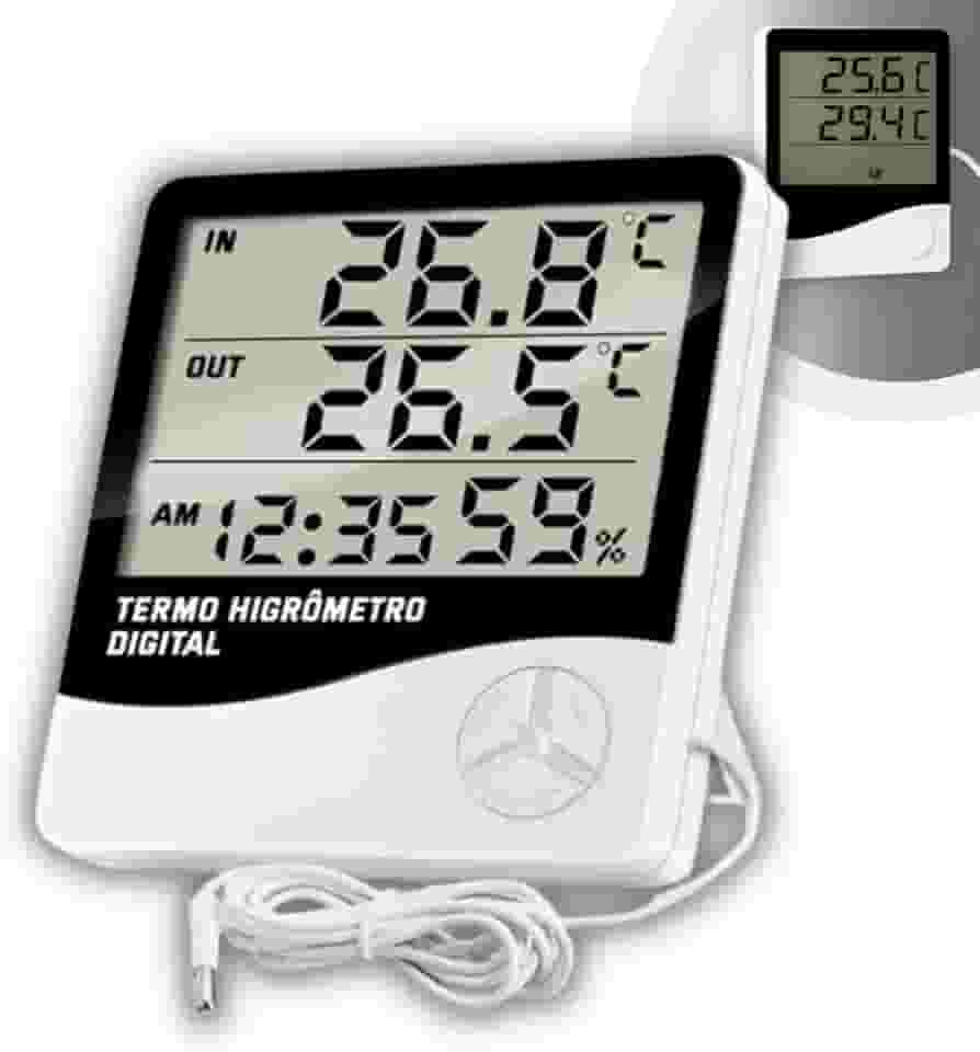 Termômetro e Higrômetro Digital com Sonda Externa, Modelo: HTC-2, Alta Precisão, Memória de Máx e Mín, Relógio Integrado, Display Fácil Leitura, Cabo 90cm, Freezer, Aquário - Qualidade Premium LNSTORE
