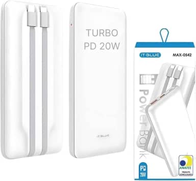 Power Bank 10000 mAh, Carregador Portátil Turbo 20W, Cabo Tipo C e iPhone Embutido, Botão Liga e Desliga, Entrada USB e Tipo C, Tecnologia Power Delivery, Carregamento Super Rápido - MAX-0542