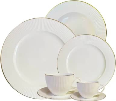 Aparelho Jantar e Chá 42pçs Lavish Relevo Porcelana Fio Dourado L`Hermitage