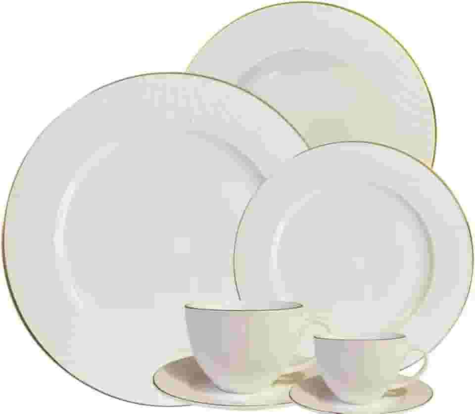 Aparelho Jantar e Chá 42pçs Lavish Relevo Porcelana Fio Dourado L`Hermitage